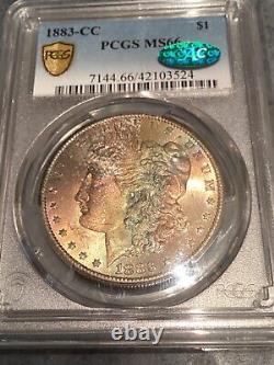 1883 CC $1 Morgan Silver Dollar MS 66 and CAC PCGS, Rattler Rainbow Toned GEM