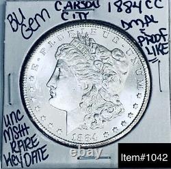 1884 CC Bu Gem Morgan Silver Dollar Uncms++ Genuine U. S. Mint Rare Key Coin 1042