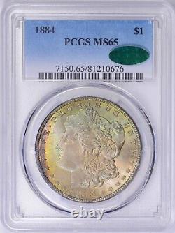1884 PCGS MS65 CAC Morgan Silver Dollar PQ Rainbow Toned Gem 210676