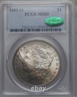 1885-O $1 PCGS/CAC MS65 Morgan Rainbow Crescent Toned GEM CAC Holder Chipped