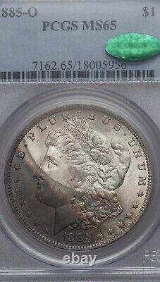 1885-O $1 PCGS/CAC MS65 Morgan Rainbow Crescent Toned GEM CAC Holder Chipped