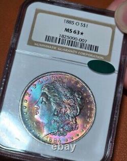 1885 O Morgan Silver Dollar NGC MS63 Star CAC Monster Rainbow Toned GEM