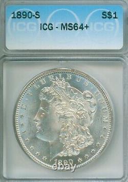 Near GEM PLUS 1890-S untoned Morgan silver dollar ICG MS64+ plastic